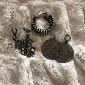 3 pairs of black/hematite and crystal earrings